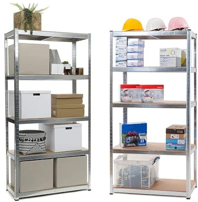 OWIJI Scaffale Metallo 5 Ripiani MDF Due Unità Zincato Capacità Carico 175 Kg Modulabile Componibile Ripiani Regolabili Dimensioni 90 x 40 x 180 cm Garage Dispensa Officina…