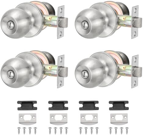 PATIKIL Privacy Keyless Door Knobs Interior, 4 Pack Round Stainless Steel Bedroom Bathroom Door Knob with Lock Entry Indoor Outdoor Door, Silver