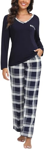 Yukiuiny Pyjama Femme Long Coton Ensemble Vêtement d'Intérieur Tee Shirt Vêtement de Nuit Carreaux Plaid Manches Longues Col V Pantalons de Pyjama Printemps Douce Confortable A-Bleu Marine+Carreaux S