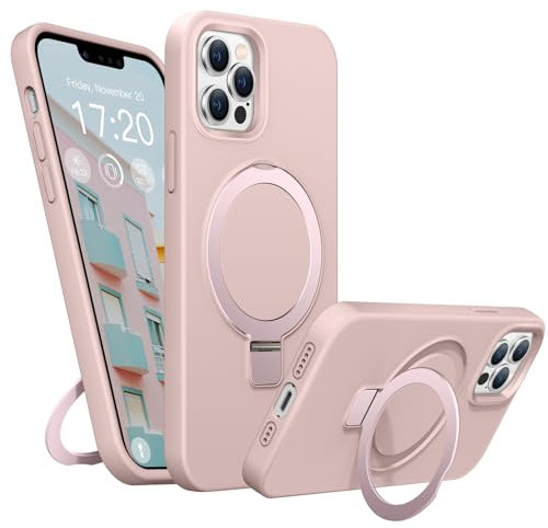 BENTIACC Liquid Silicone Case for iPhone 13 Pro Max, Magnetic Rugged Stand Ring, 4-Layer Shockproof Protective Case with Soft Microfibre Lining, Scratch Resistant (Pink)