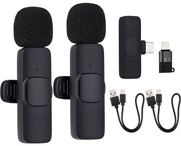 NK Microfono Wireless - Microfono Lavalier Wireless per iPhone/Android/PC/Laptop, Plug&Play, confezione da 2 microfoni per registrazioni Tiktok/Twtch/Youtube/Vlog, Riduzione del Rumore, Senza APP