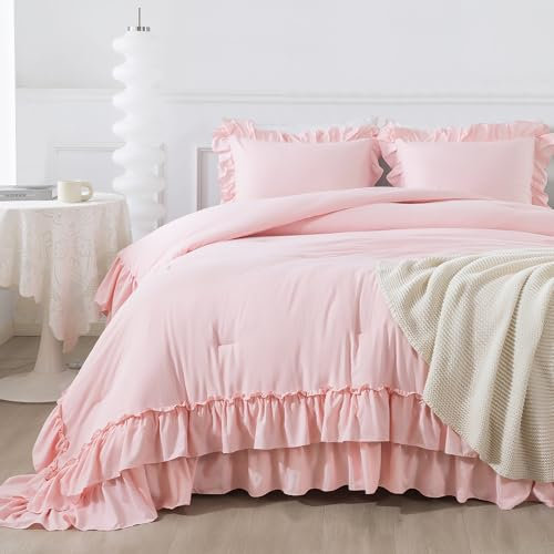 Andency Rüschen-Bettwäsche-Set für Kingsize-Bett, Shabby-Chic-Stil, Bauernhaus-Bettwäsche, weiche, leichte, flauschige Mikrofaser, für alle Jahreszeiten, 3-teiliges Bettwäsche-Set, Rosa
