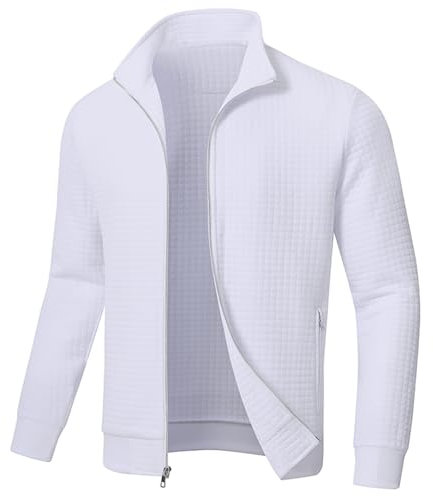 Huayuzh Jacke Herren übergangsjacke Winter Karierten Jacquard Alltag Freizeit Leicht Jacken mit Reißverschlusstasche Weiß L