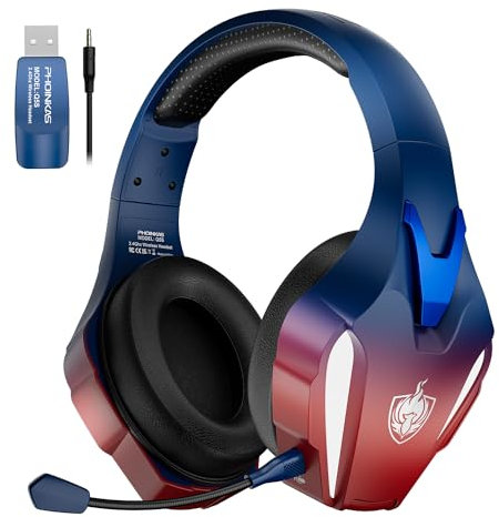 PHOINIKAS Cuffie Gaming Wireless, 2.4GHz Cuffie Wireless, Dongle USB per PS5/PC/Switch, Stereo 7.1, Microfono Staccabile con Cancellazione del Rumore, Luci a LED