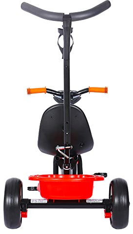 Kinderdreirad mit Schubstange, Sitz mit Sicherheitsgurt, Metallrahmen, Pedal-Freilauf, für Kinder ab 15 Monaten Dreirad Kinderdreirad mit Schubstange und 2 Bremsen (Schwarz Rot)