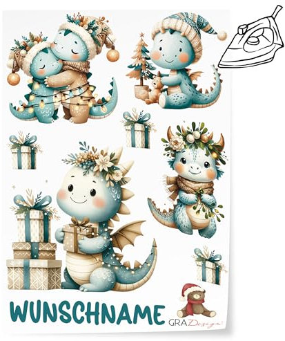 GRAZDesign Bügelbild Weihnachten Set für Textilien Drachen DIN A4 zum selbst aufbügeln, Kinder mit Namen personalisiert