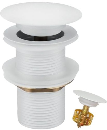 Antfly Juego de desagüe para Lavabo, Juego de desagüe Universal de Acero Inoxidable, válvula de desagüe emergente con cesto colador, con tapón de desagüe en 1 ¼, sin rebosadero (Blanco)