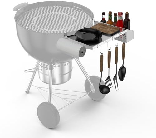 onlyfire Mesa Auxiliar BBQ para Parrillas de Carbón Weber 57cm Master-Touch y Original Kettle, Mesa Auxiliar de Parrilla Mejorada con Portarollos Cocina, Caja de Condimentos y Ganchos