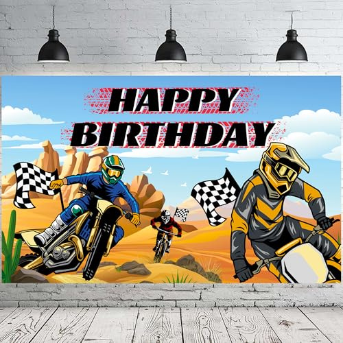 Motorrad Geburtstag Hintergrund, 71''x43'' Dirt Bike Happy Birthday Backdrop für Motorrad Geburtstagsdeko Kinderparty Dekorationen