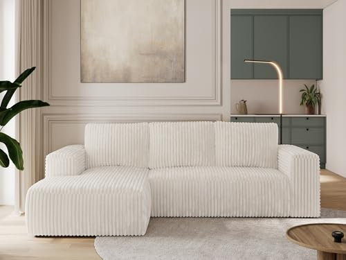 MKS MEBLE Sofa mit Schlaffunktion - Ecksofa mit Schlaffunktion und Bettkasten - Sofa 3 Sitzer - Schlafsofa - Couch - Schlafsofa mit Bettkasten - Trentino L - Beige Cord - Links
