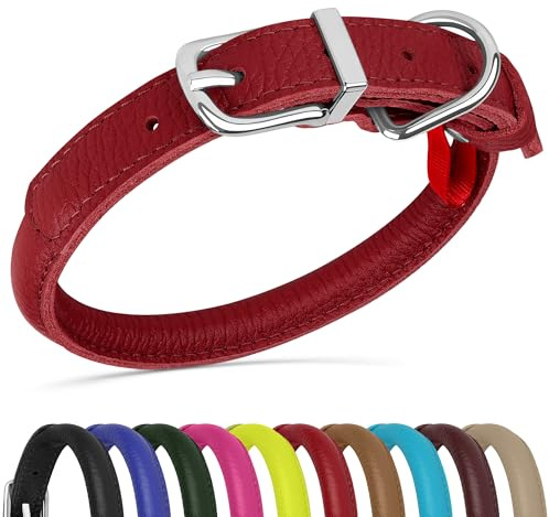 OOPSDOGGY Hundehalsband aus gerolltem Leder, weiches Rollhalsband für kleine, mittelgroße und große Hunde, Welpen, Rot, Größe XS, 20,3 - 27,9 cm