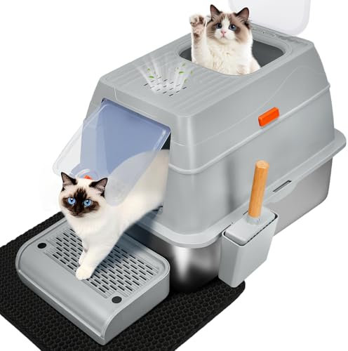 SZEETECH Stainless Steel Cat Litter Tray with Hood, XL, Easy to Clean, Odour-Resistant Enclosed Stainless Steel Litter Box with Charcoal Filter, Dual-Door Configuration - Grey