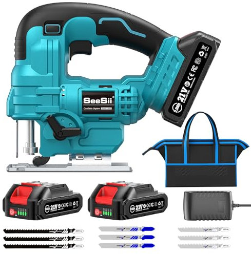 Seghetto Alternativo a Batteria Seesii 21V, Seghetto Elettrico con 2 Batterie da 2.0 Ah, Velocità Variabile 2800 Giri/Minuto per Taglio Legno, Illuminazione LED, Tagli Obliqui 0°-45°