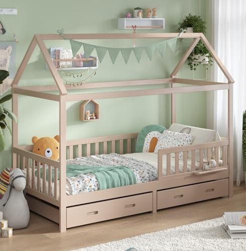 ALAVYA HOME® Hausbett 90x200 inkl. Schubladen mit Buchablage, Rausfallschutz und Lattenrost | Kinderbett 90x200 für Mädchen und Jungen Massivholz der Buche FSC zertifizierter
