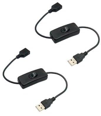 Genérico Cable USB alargador con interruptor. Pack 2 uds. Apto para lámpara, auriculares, ventilador, tiras LED, con conexión USB. Color blanco o negro. Extensión de 30 cm con interruptor. (Negro)