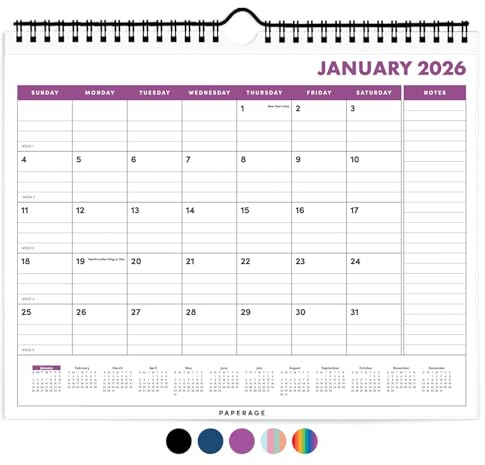 PAPERAGE 2026 Calendar, 12 Months (January 2026 - December 2026), Small (9 in x 11 in), Minimalist Wall and Desk Calendar with Monthly Views, Yearly Plans & Notes Section – Raspberry