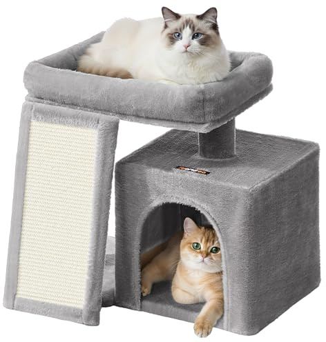 Feandrea Small Cat Tree, Cat Tower Condo for Kittens, Scratching Ramp, Top Perch, Cave, 50.2 x 30 x 44.6 cm, Dove Grey PCT010GD01