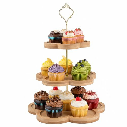 Soporte para Tartas de Madera 3 Pisos, Bandejas Cupcakes con Asa de Metal | Expositor 3 Niveles para Postres, Pasteles, Frutas, Magdalenas, Aperitivos, Té de la Tarde, Cumpleaños, Bodas