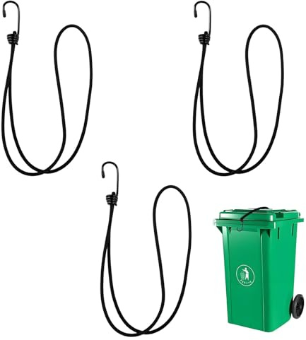 3Pcs Wheelie Bin Locks, Bin Lid Straps Bungee Cords with Hooks for UK Bins | Heavy Duty Elastic Strap, Metal S-hooks, Secures Bins Lid Firmly, Prevents Wind Tipping and Overflow, Easy to Fit