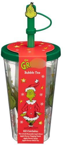 TIGHUP Bubble Tea Cup & Straw Kit - Celebrate Christmas in True Whoville Style - Includes: Reusable Cup & Straw, Apple Flavour Popping Pearls, Apple Flavour Syrup, Apple Flavour Black Tea