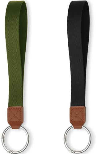 Neukete Lot de 2 porte-clés - Noir et vert olive - Cordon court avec anneau en métal et détails en cuir - Pour clés, porte-badge, sac de sport