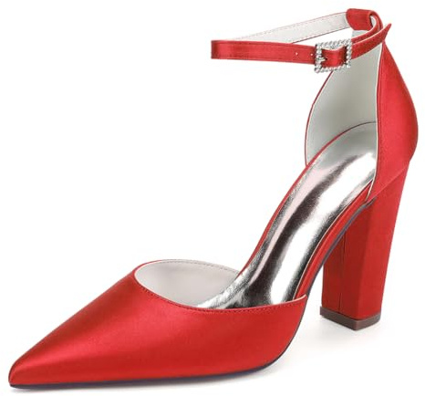 LRMYMHY Chaussures De Mariage en Satin À Bretelles De Cheville pour Femmes Talons À Talons Blocs Talons De Mariée À Bout Pointu,Rouge,37 EU