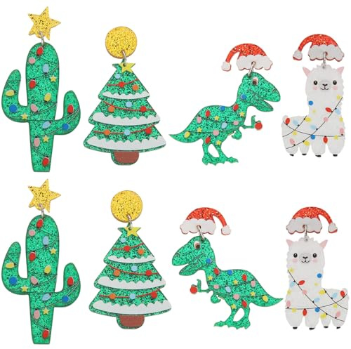 BESPORTBLE 4pares Pendientes Navideños de Mujer Forma de Árbol de Navidad Cactus y Dinosaurio para Fiesta de Navidad