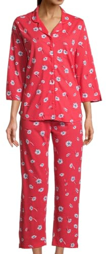 hajo Damen Schlafanzug Set 7/8-Hose & Langarm Oberteil – Atmungsaktiver Premium Cotton & Modal Mix, Feminines Blumenmuster, V-Ausschnitt, Umlegekragen, Knopfleiste – Komfortable & Stilvoll