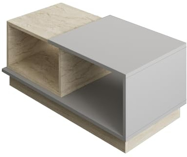 Hanah Home Modern Coffee Table with Shelves, Travertine & Grey, 90 x 36 x 45 cm | 100% Melamine Coated Particle Board, 18 mm Thick | Stylish & Functional Storage Solution