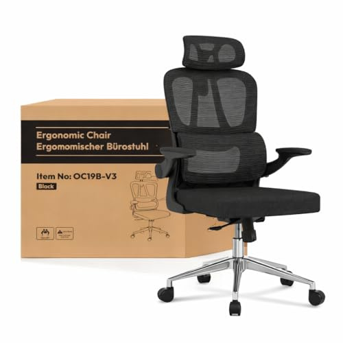 FLEXISPOT Ergonomischer Bürostuhl, Schreibtischstuhl mit 2D-Kopfstütze, Klappbare Armlehnen & Dynamische Lendenstütze, Stuhl mit 120° Wippfunktion für Homeoffice, Arbeitszimmer, Büro (Schwarz)