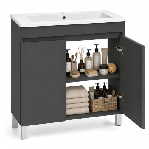 paplinskimoebel Waschbecken mit Unterschrank Valencia, Anthrazit, 80 cm | Stehend, Wäscheschrank, Zusatzböden, 2 Soft-Close-Türen