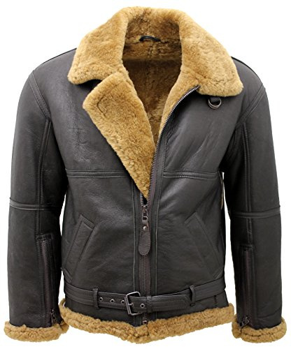 Infinity Men’s Brown RAF Real Shearling Sheepskin Flying Leather Jacket with Ginger Wool XL