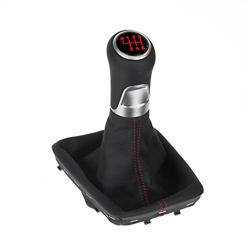 ICT Schaltknauf rot beleuchtet Schaltsack Schaltmanschette Leder, Naht rot, 6 gang, kompatibel mit: VW Passat Variant/Limousine / R36 / TDI/TFSI/TSI 3C / B7 CC