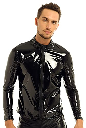 YiZYiF Herren Latex Leder Tops T-Shirt Mit Stehkragen Männer Glänzend Lack Jacke Unterhemd Muskelshirt Stretch Clubwear M-4XL Schwarz XXL