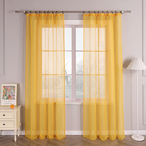 HongYa 1er-Pack Uni Gardine Transparenter Voile Schal Vorhang mit Kräuselband H/B 145/145 cm Sonnengelb