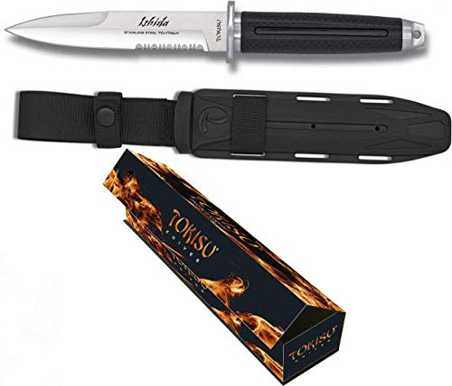Tokisu Cuchillo japonés K25 Ishida Hoja 15 cm terminada por CNC, empuñadura de Goma Virola CNC para Caza, Camping, Outdoor, Supervivencia 32381 + Portabotellas de regalo
