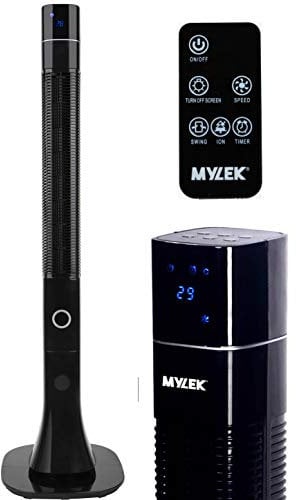 MYLEK Tower Fan 48 Inch With Remote, Oscillating Ioniser Cooling Cooler 60W Electric. 3 Speed Settings, Night Dim Mode, Bedroom, Home, Office, 12 Hour Timer, 3 Fan Modes, 122cm (Black)