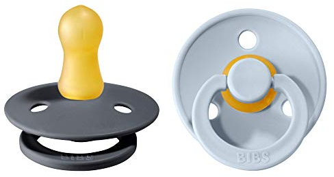 BIBS Colour Schnuller 2er-Pack, BPA-frei, Kirschform Nippel. Naturkautschuk/Latex, Hergestellt in Dänemark. Größe 1 | 0+ Monate | 2-Pack, Iron/Baby Blue