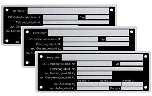 3 x Blanko Typenschild Anhängertypenschild Neutral Anhänger - Vers. 8