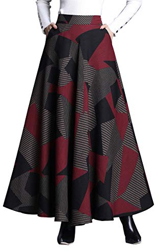 Moviendress Femme Jupe De Taille Haute Rétro Plissé Treillis Laine Automne Et Hiver Nouveau Haut Taille A-Line dans La Jupe Longue Grande Jupe Swing (L/Taille élastiquée 72 CM, Color 2)