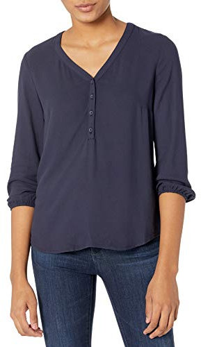 Amazon Essentials Women's 3/4 Sleeve Button Pop-Over Shirt, Loose-Fit V-Neck Blouse, Navy, M