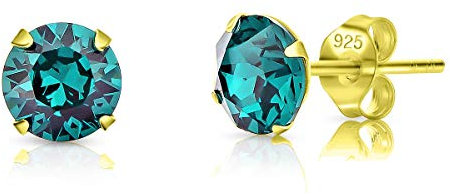 DTPSilver - Damen Ohrringe 925 Sterling Silber Gelb Vergoldet mit Kristallen von Swarovski® Elements 6 mm Runde Ohrstecker - Farbe : Smaragd