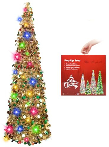 1.5m Klein Künstlicher Weihnachtsbaum mit Beleuchtung, Gemischtes Gold | Pop Up Weihnachtsbaum 150cm, Pailletten Weihnachtsbaum künstlich Weihnachtsdeko für Weihnachten, Partybedarf, Haus Dekoration