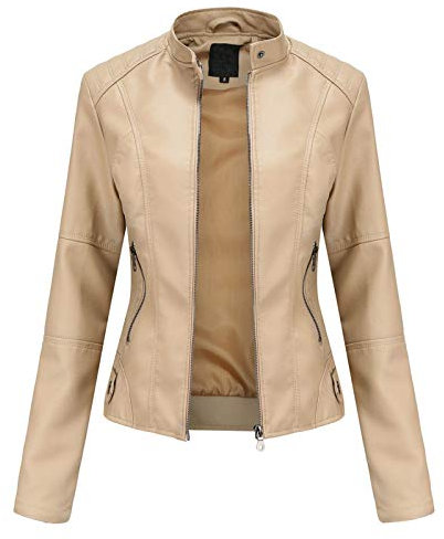 Veste Femme Veste en Cuir Femme Blouson Femme Veste Femme Nouveau Slim Cuir Col Montant Zipper Couture Couleur Unie (M,1Beige)