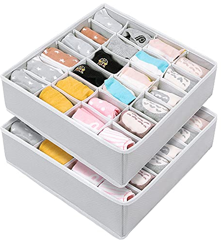 CGBOOM Aufbewahrungsboxen für Socken und Kleine Zubehörteile, 24 Zellen Faltbox, Kleiderschrank und Schubladen Ordnungssystem zum Socken, Schals,Büstenhalter (2 Stück Grau)