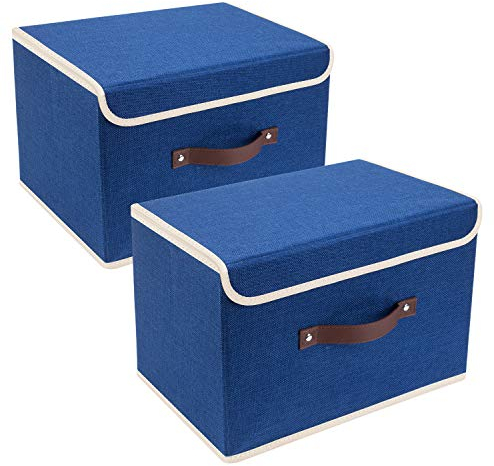 TYEERS Collapsible Storage Box with Lid, Fabric Storage Box for Clothes, Wardrobe Storage, 38x25x25 cm, Set of 2, Classic Blue