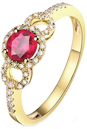 AMDXD Eheringe 18k Gelbgold, 0.5ct Rund Rose Rot Rubin mit 0.17ct Diamant Damenringe, Freundin Ehefrau, Gelb Gold, Gr.68 (21.6)