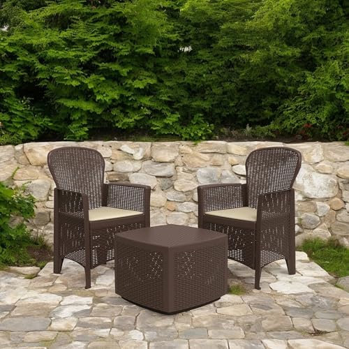 Dmora - Set salotto da esterno Napoli, Composizione da giardino con 2 poltrone ed 1 tavolino contenitore, Salottino effetto rattan, 100% Made in Italy, Marrone