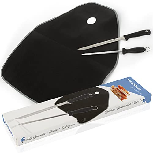 Steelblade 050706 Cuchillo Jamonero + Chaira + Cubre Jamón - Set de Corte, Acero Inoxidable