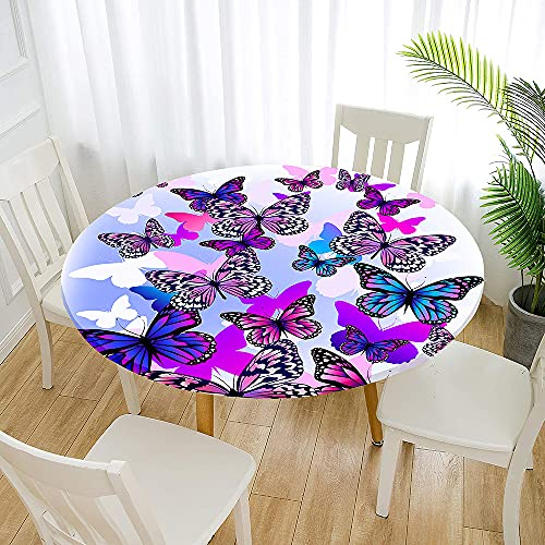 Morbuy Tischdecke Elastisch, Schmetterling Drucken Rund Tischdecken Wasserdicht Lotuseffekt Abwaschbar Abwischbar Tischtuch für Dekoration Küchentisch Garten Outdoor (Durchmesser 100cm,Lila-blau)